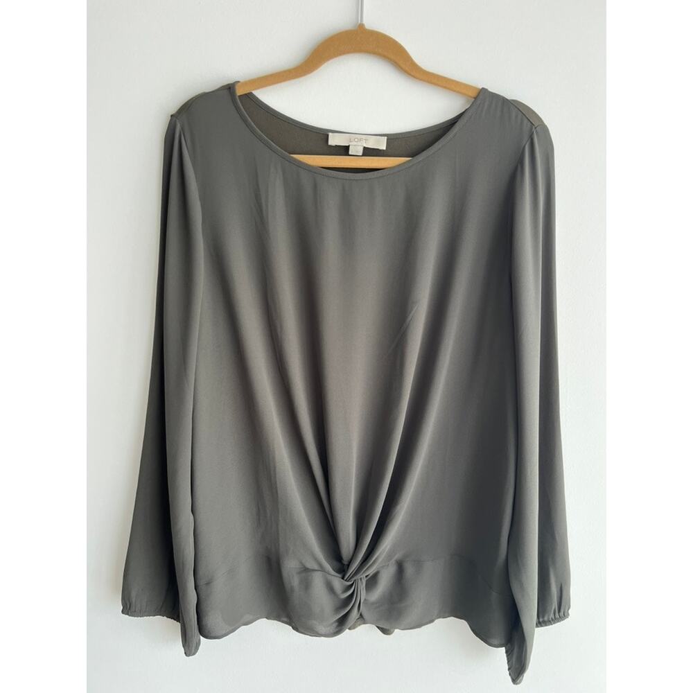 LOFT Olive Green Long Sleeve Twist Front Knot Blouse Mixed Media Top (size L)